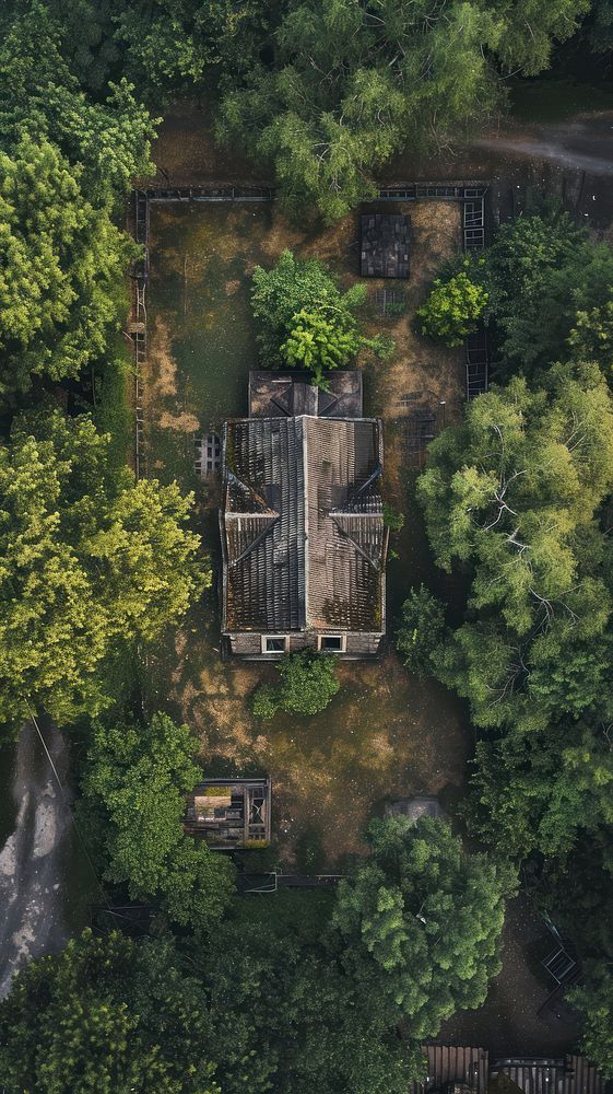 Aerial top down view of Old house architecture building outdoors.