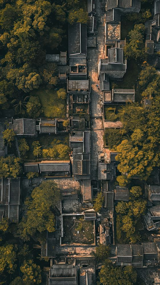 Aerial top down view of Old Village architecture landscape outdoors.