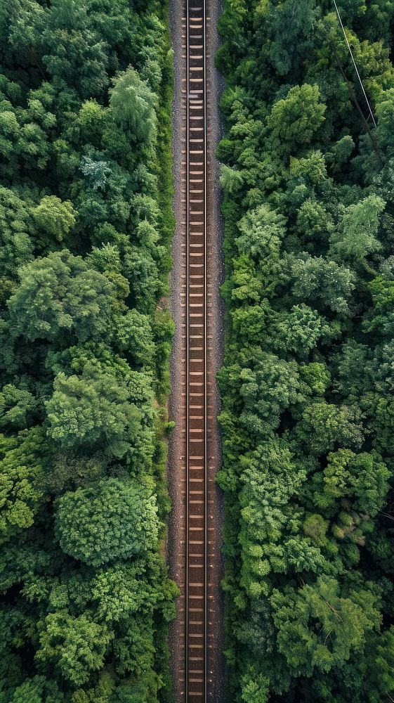 Aerial top down view of Railway in forest landscape outdoors woodland.