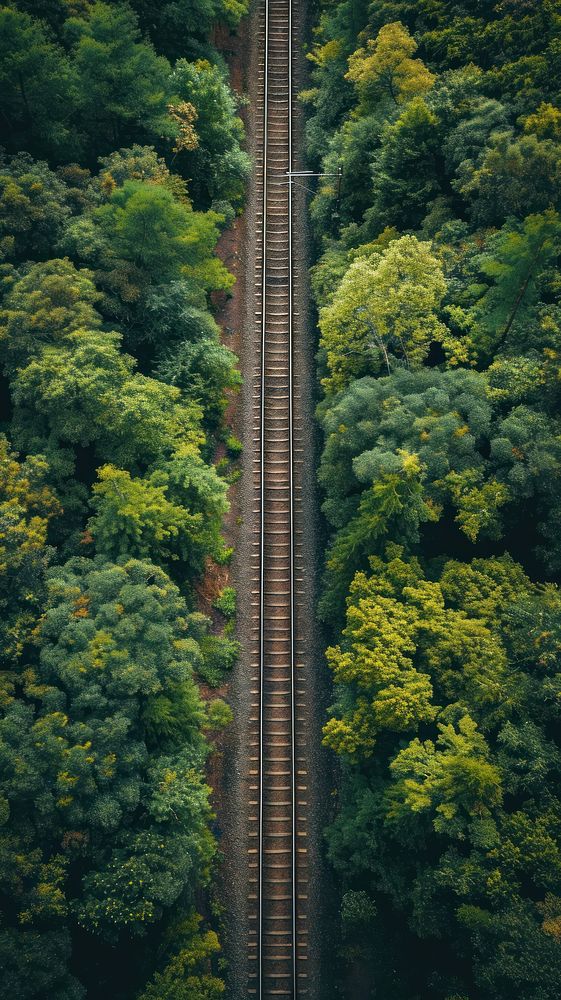 Aerial top down view of Railway in forest landscape outdoors railway.