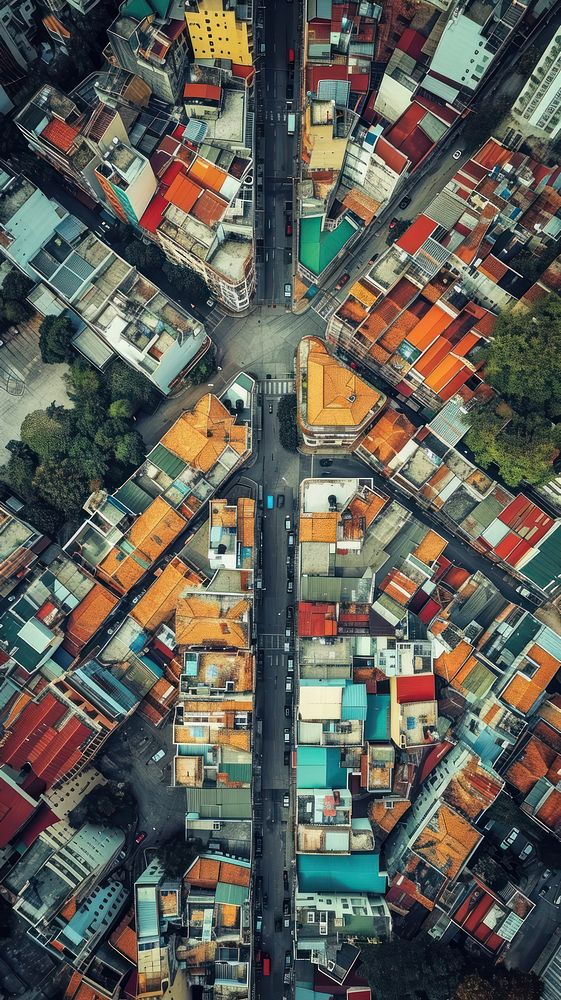 Aerial top down view of small city architecture cityscape outdoors.