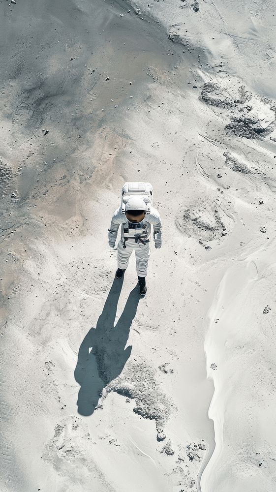 Aerial top down view of Space man walking on mar landscape outdoors vehicle.