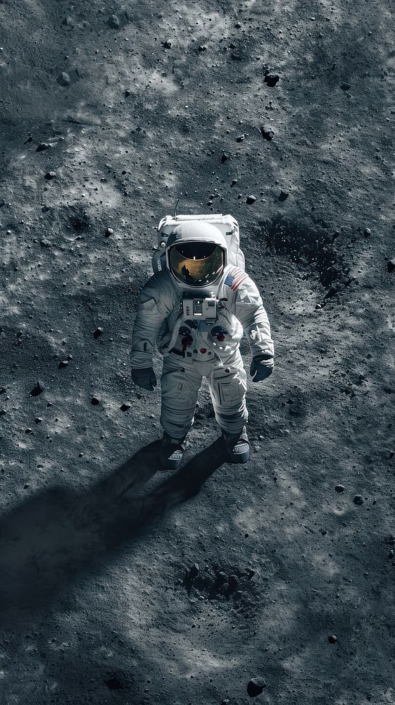 Aerial top down view of Space man walking on moon space vehicle transportation.