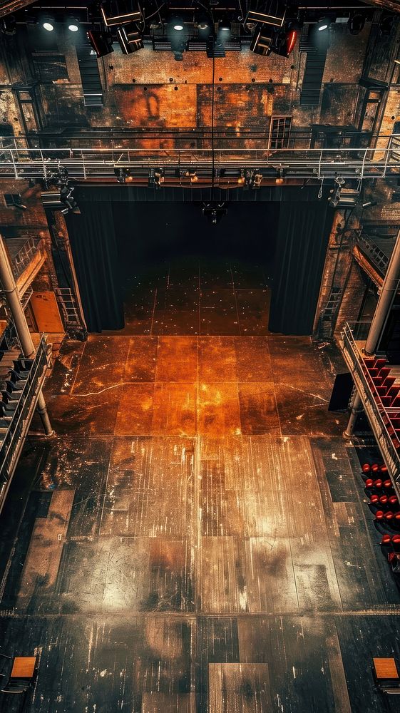 Aerial top down view of Stage stage architecture illuminated.