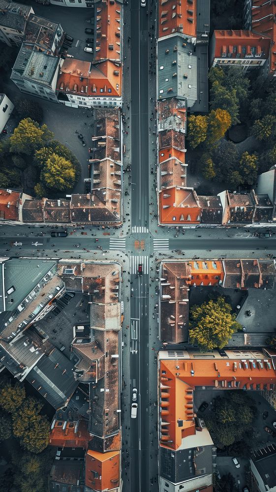Aerial top down view of Street town architecture cityscape outdoors.