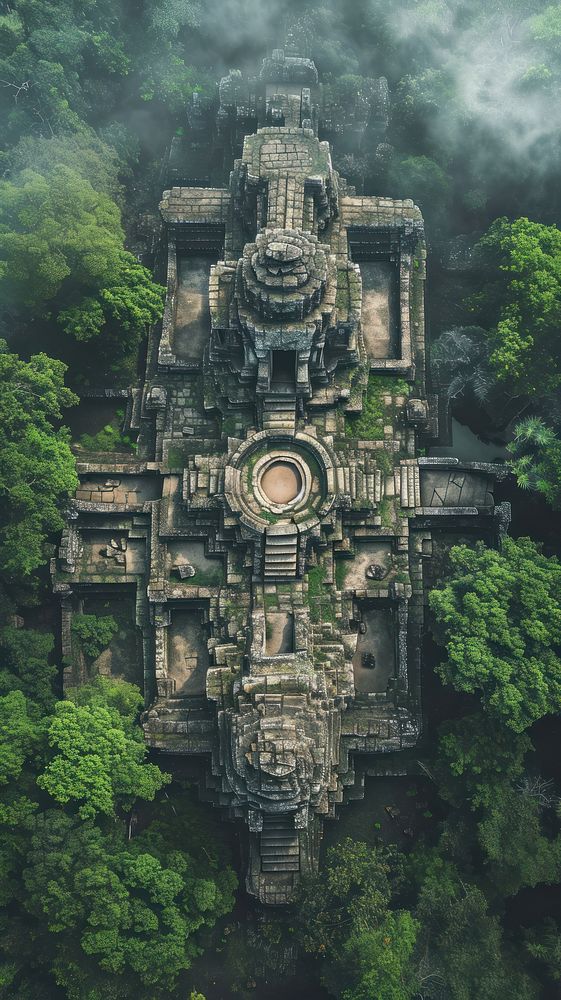 Aerial top down view ofAncient temple architecture building outdoors.