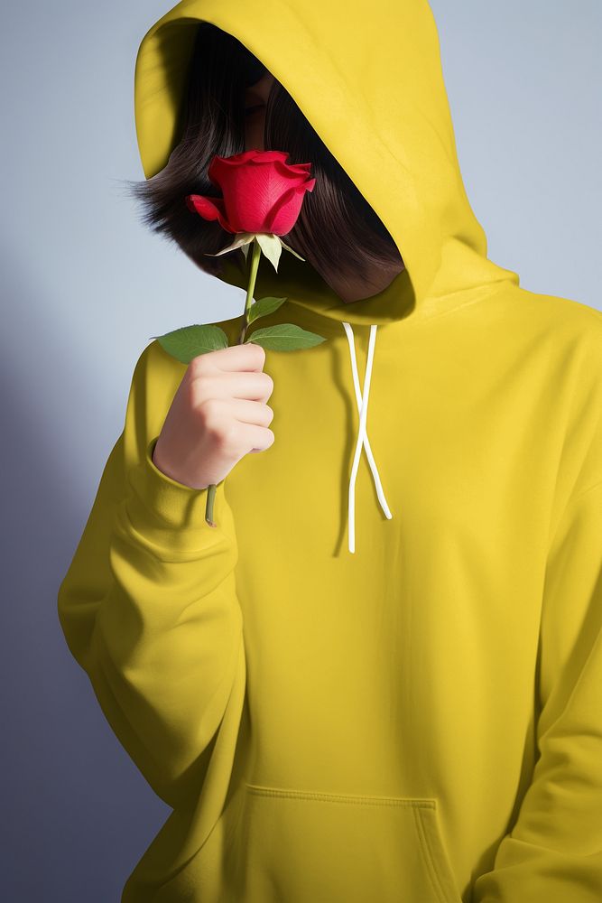 Woman in mustard yellow hoodie holding rose