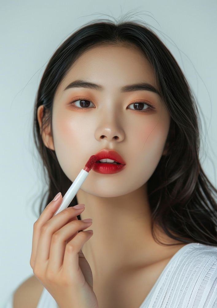 Woman holding lip bla cosmetics lipstick portrait.