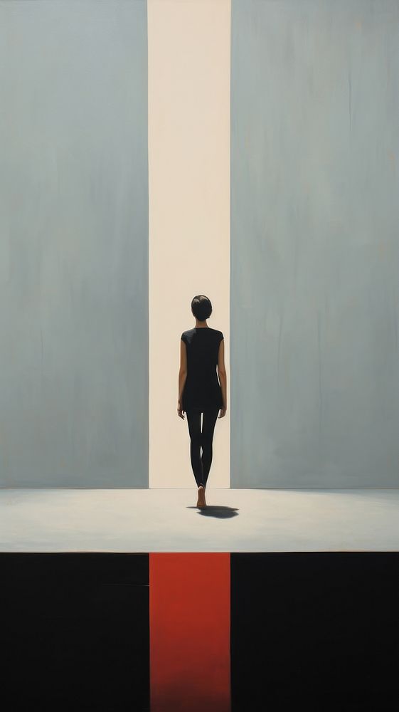 Minimal space a woman standing painting walking.