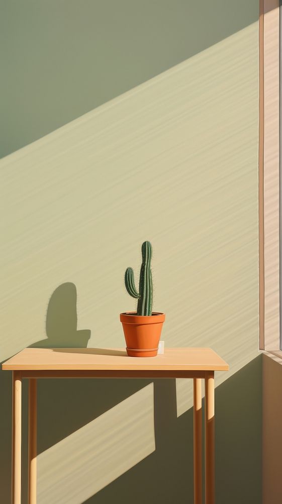 Minimal space a cactus on a table furniture shadow window.