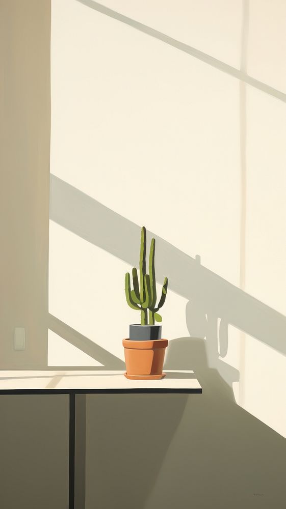Minimal space a cactus on a table window windowsill shadow.