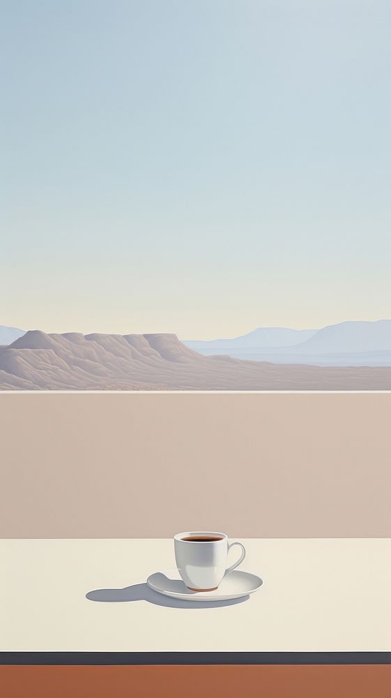 Minimal space a coffee on a table mountain saucer drink.