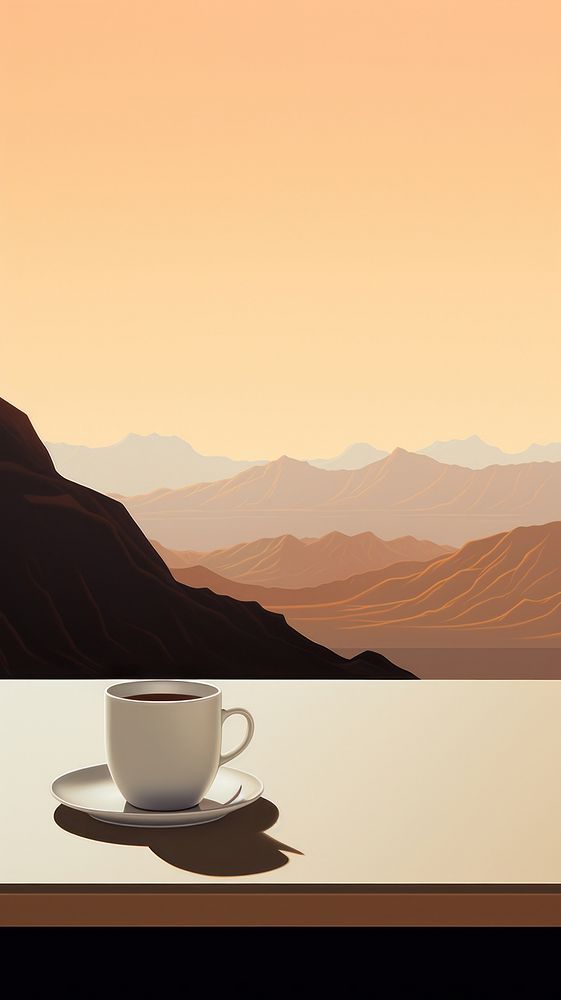 Minimal space a coffee on a table mountain saucer nature.