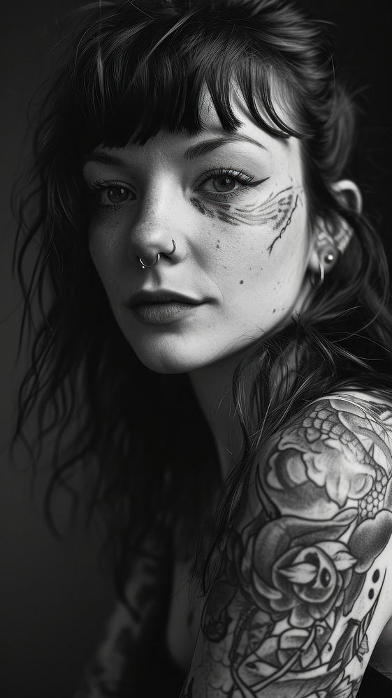 Woman with tattoos portrait monochrome adult. AI generated Image by rawpixel.