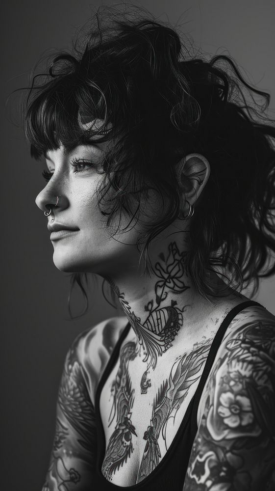 Woman with tattoos portrait monochrome individuality. AI generated Image by rawpixel.