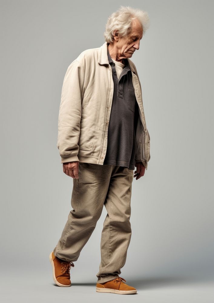 Photo of tired old man portrait standing walking.