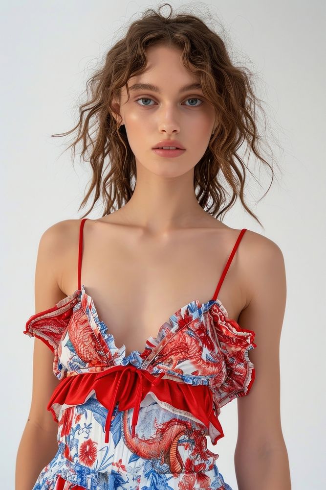 Red spaghetti strap lingerie portrait dress.