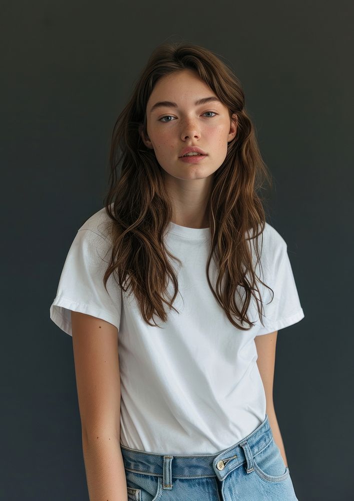 White T-shirt and blue jean t-shirt portrait sleeve.