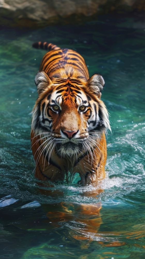 Tiger in water wildlife animal mammal. AI generated Image by rawpixel.
