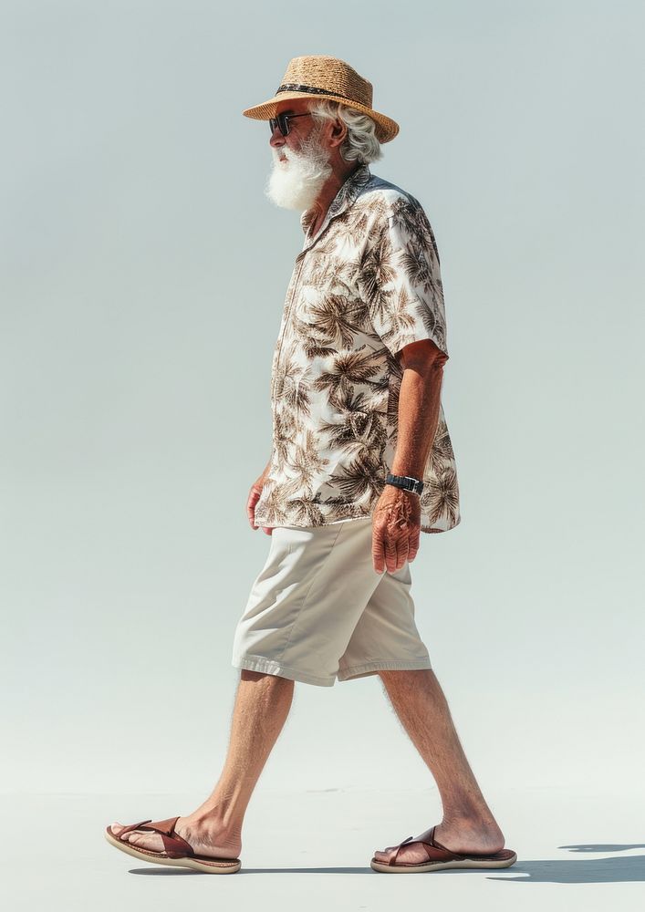 Photo of old man footwear glasses walking.