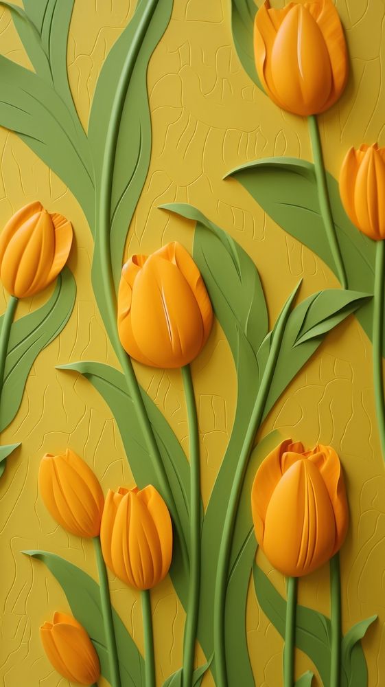 Tulip bas relief small pattern wallpaper yellow flower.