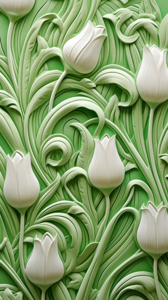 Tulip bas relief small pattern green plant art.
