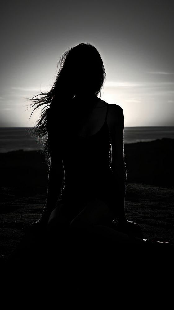 Photography girl silhouette backlighting monochrome sunset.