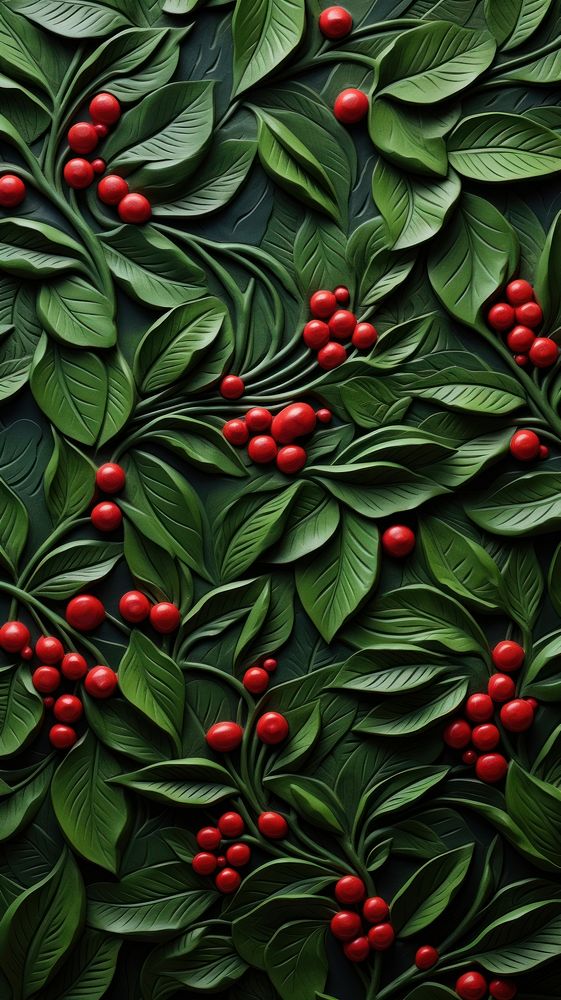 Holly bas relief small pattern oil paint cherry fruit plant.