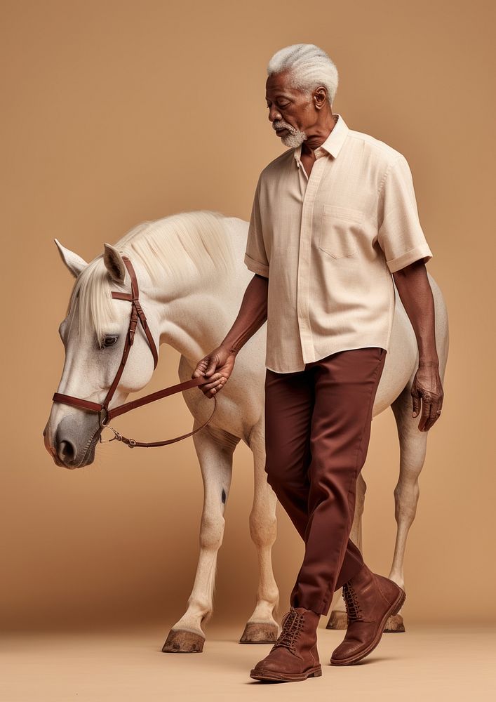 Cream shirt and pant  horse portrait walking.