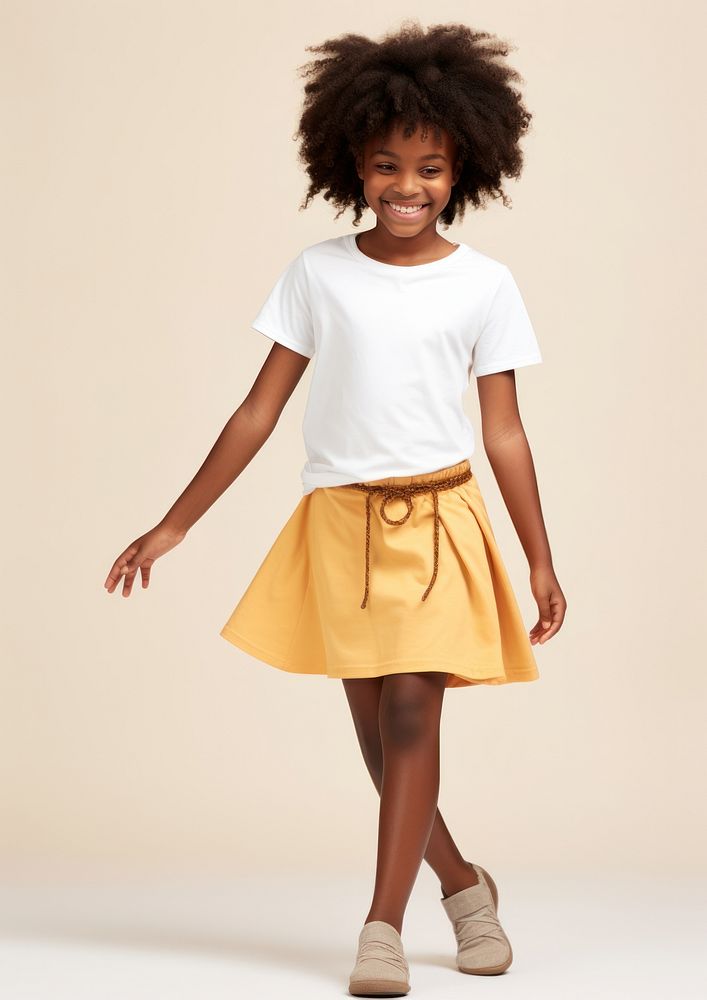 Cream t-shirt and skirt  miniskirt sleeve person.