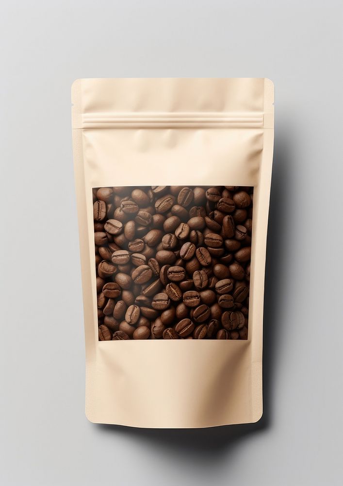 Coffee beans Doypack packaging  white background ingredient freshness.