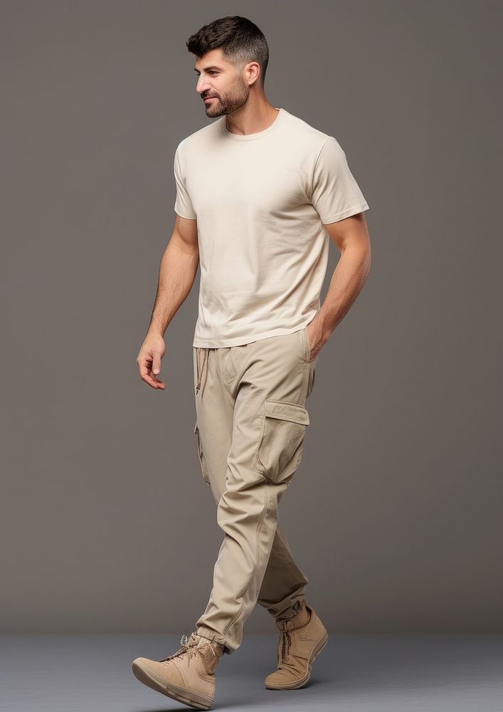 Cream t-shirt and pant  person khaki adult.