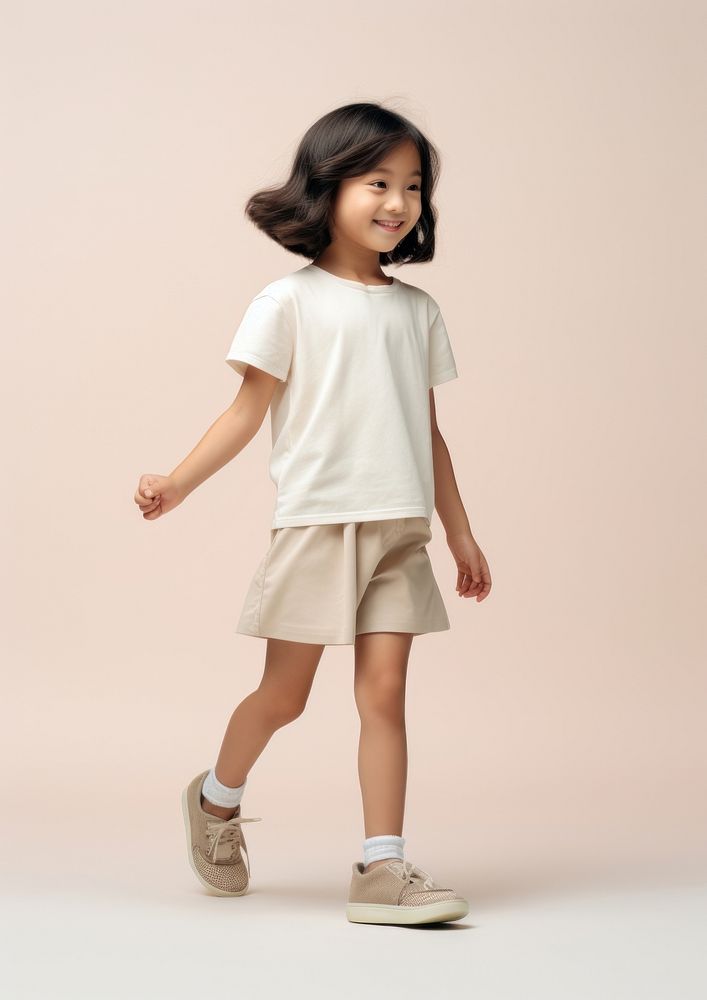 Cream t-shirt and skirt  shorts footwear person.