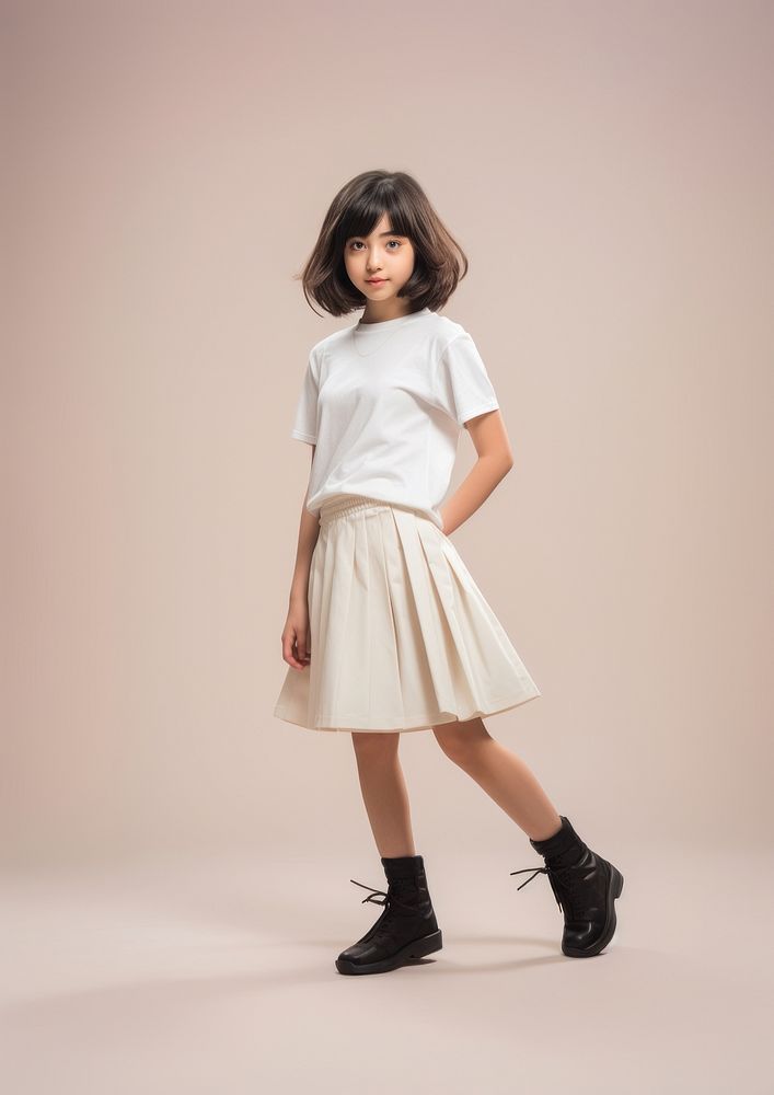 Cream t-shirt and skirt  miniskirt footwear person.