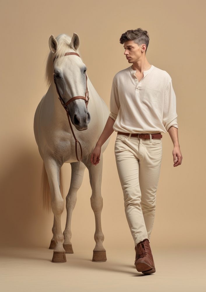 Cream shirt and pant  horse footwear mammal.