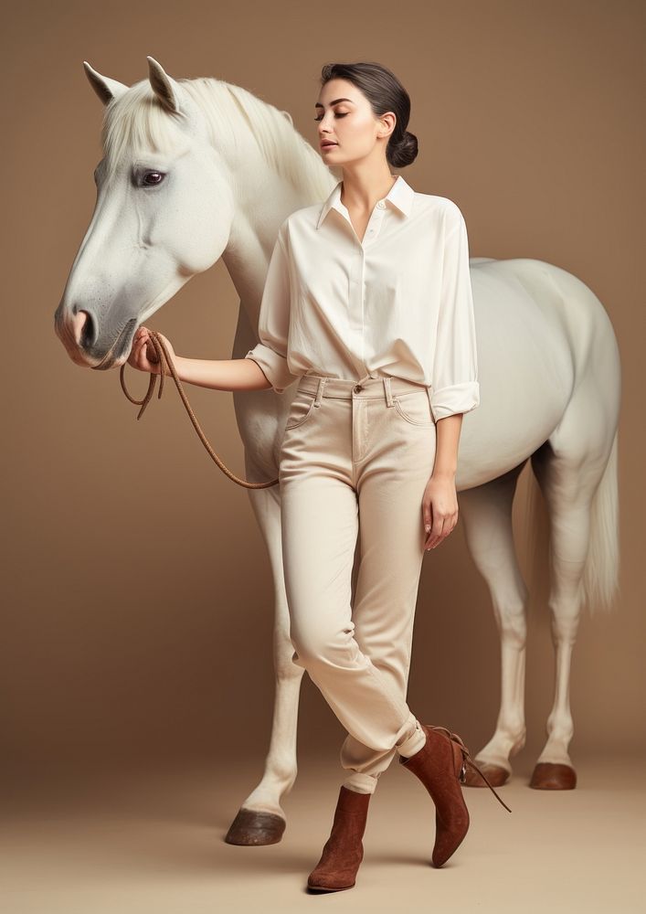 Cream shirt and pant  horse footwear animal.