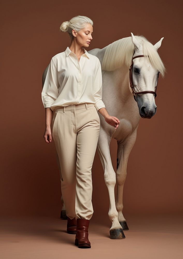Cream shirt and pant  horse animal mammal.