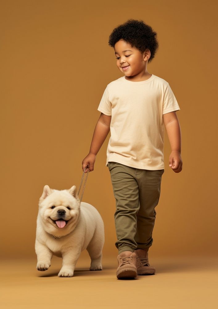 Cream shirt and pant  pet walking mammal.