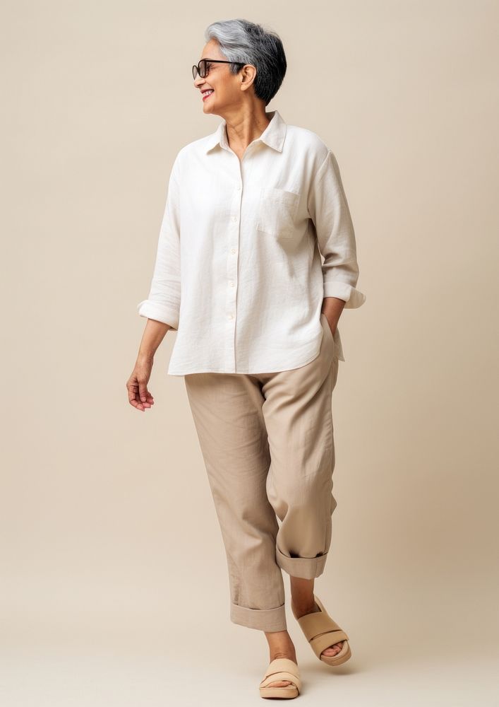 Cream shirt and pant  blouse person adult.