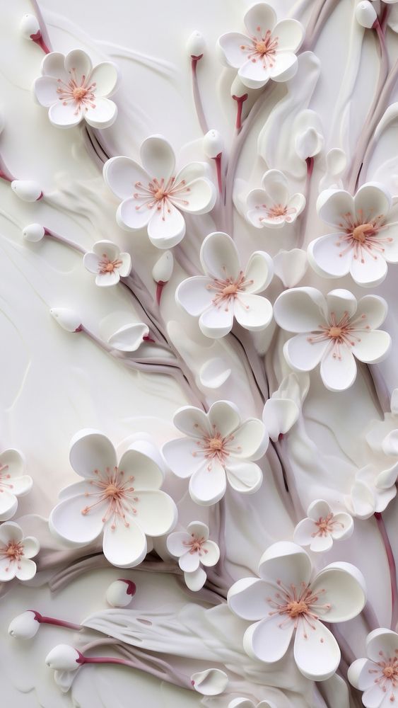 White cherry blossom bas relief pattern flower petal plant.