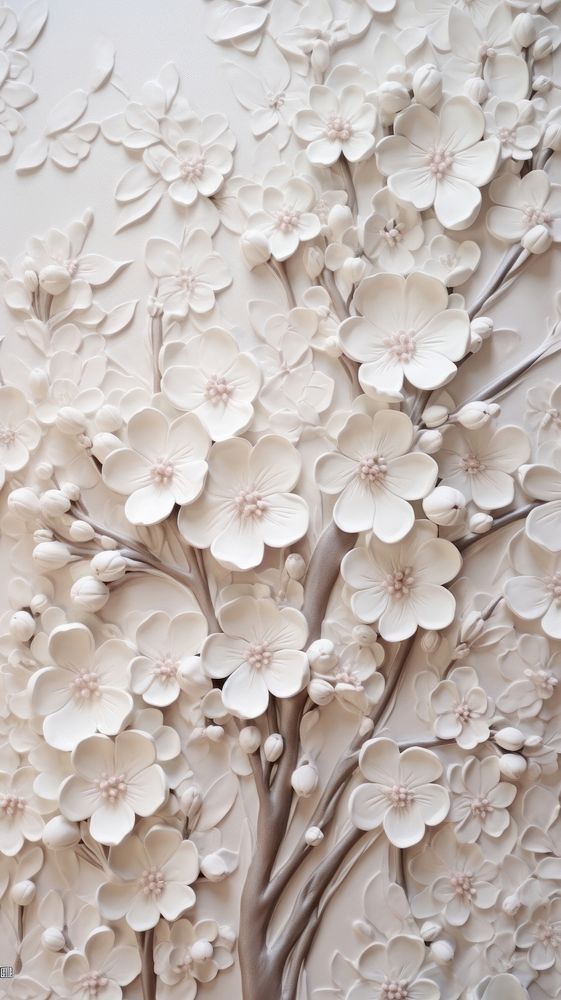 White cherry blossom bas relief pattern art wallpaper flower.