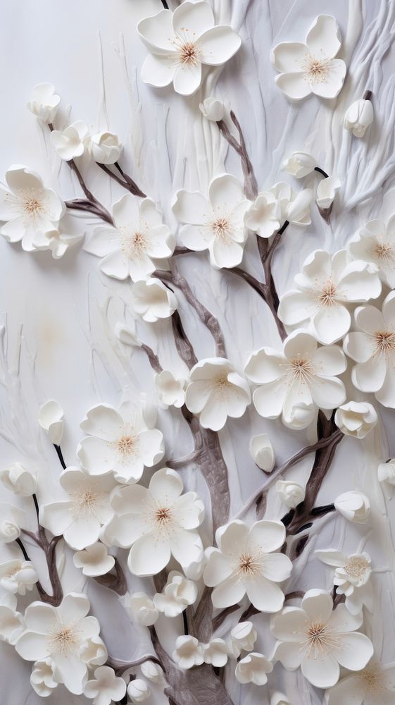 White cherry blossom bas relief pattern art flower plant.