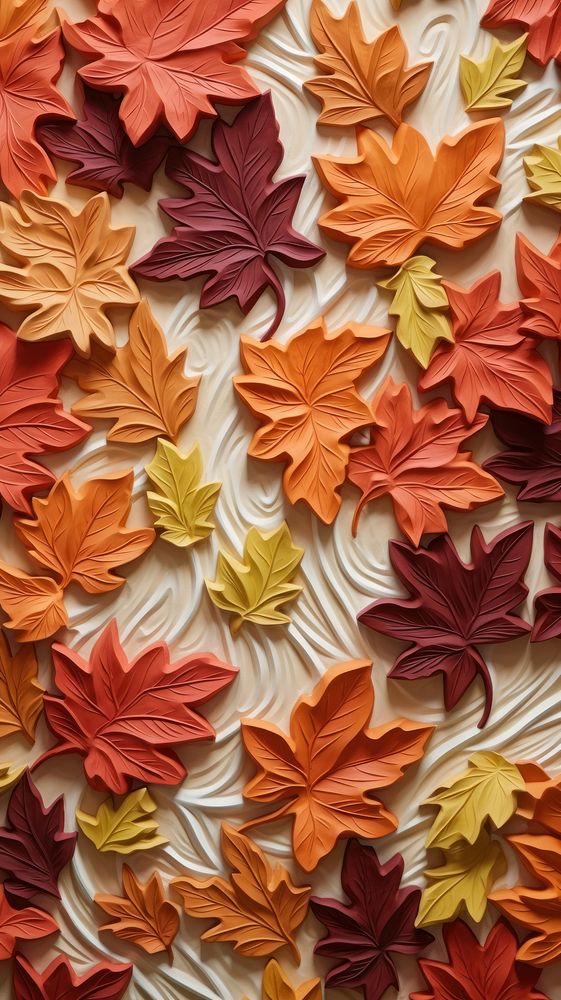 Autumn leaves bas relief pattern art wallpaper plant.