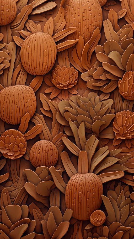Cactus bas relief pattern brown wood art.