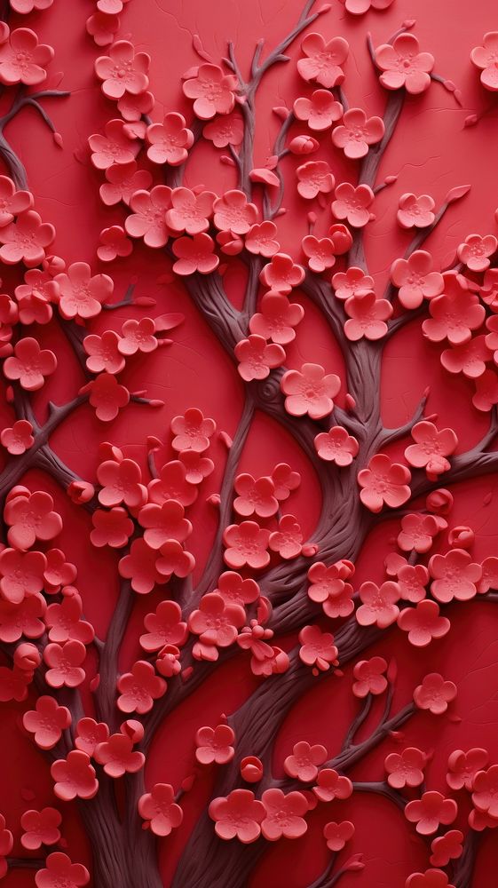 Cherry blossom bas relief pattern red wallpaper art.