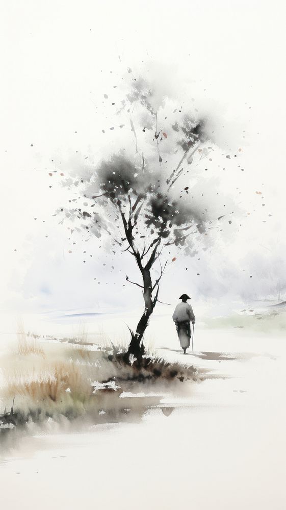 Man sitting under a tree chinese brush outdoors painting drawing.