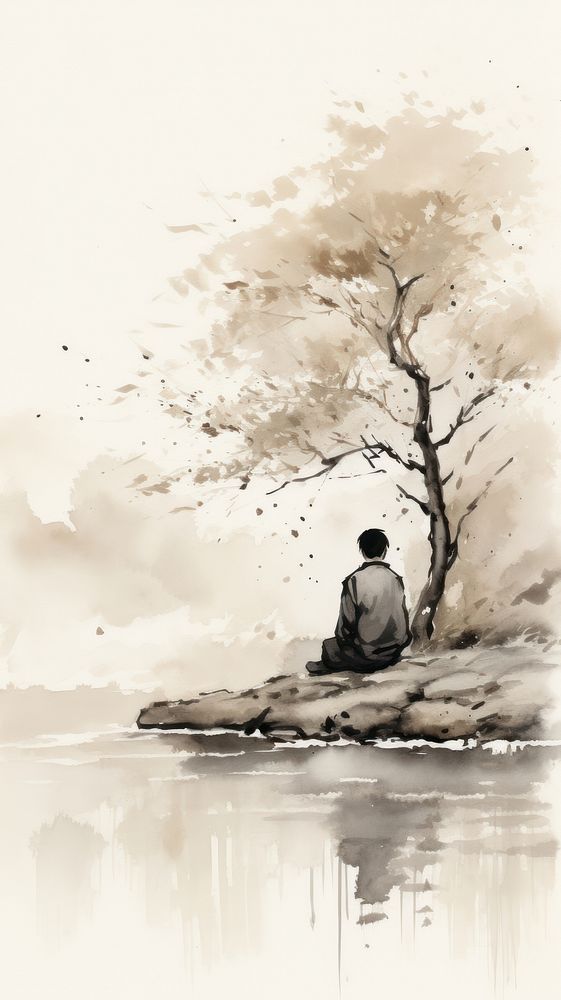 Man sitting under a tree chinese brush outdoors painting water.