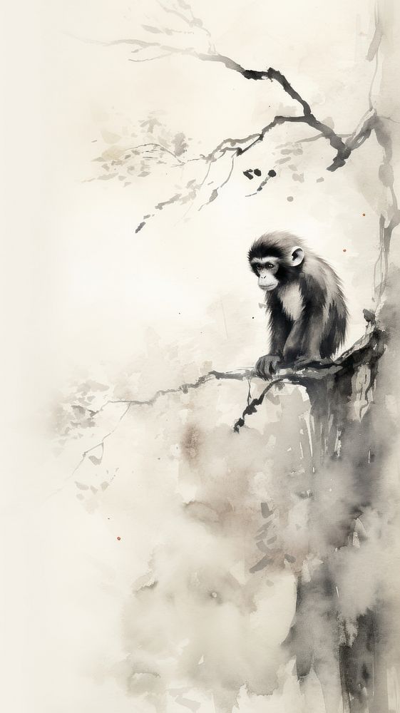Monkey with tree chinese brush wildlife painting animal.