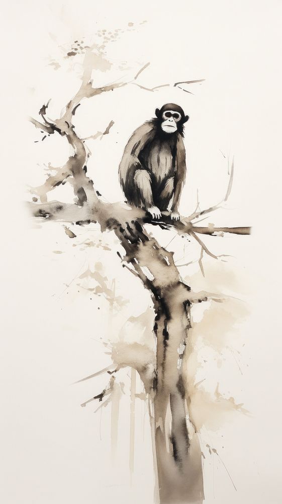 Monkey with tree chinese brush painting wildlife drawing.