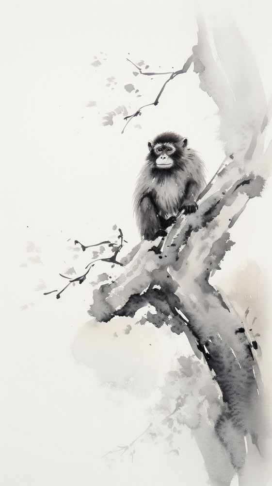 Monkey with tree chinese brush wildlife drawing animal.